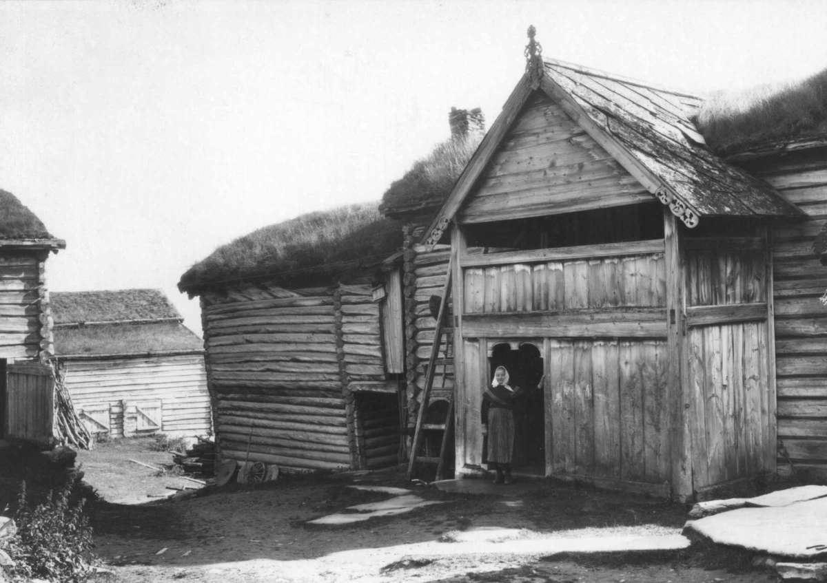 Kari Svare, født Olsdotter Teigen står i døråpningen på gården Svare Sygard i Oppland.