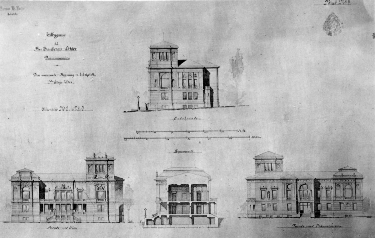 Drammensveien 78, Oslo ca.1885. Foto av orginaltegningen av arkitekt Herman Major Backer, Christiania. Tegningen viser sidefasade, fasade mot sjøen, gjennomsnitt og fasade mot Drammensveien. Det Norske Videnskaps-Akademi.