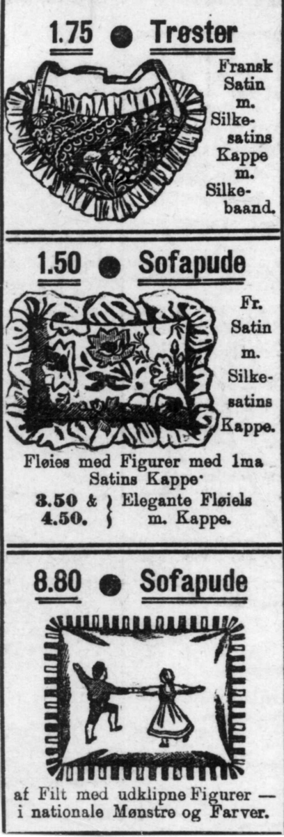 Annonse for sofaputer og "trøster" fra 1905. Oslo.