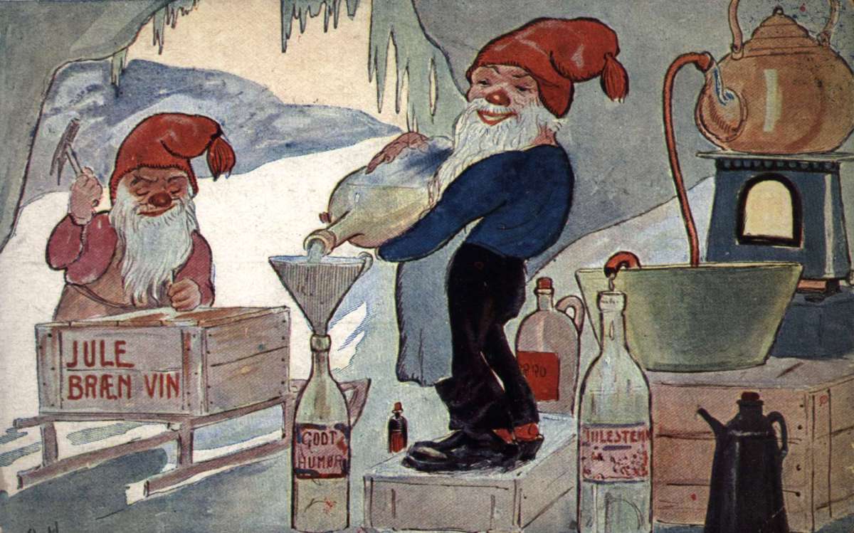 Julekort. Julehilsen. Vintermotiv. Produksjon av julebrennevin. To julenisser fyller flasker og spikrer igjen fulle kasser. Illustrert av Otto Moe (1877-1954). Stemplet 24.12.1920.