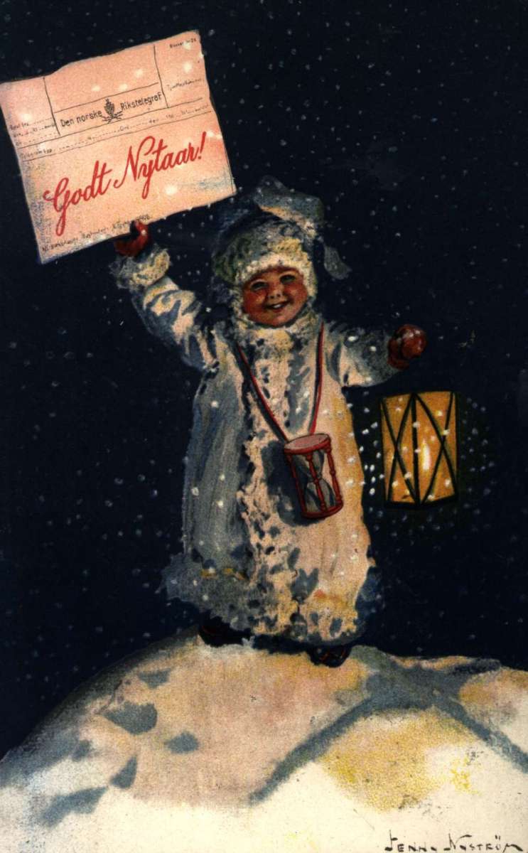 Nyttårskort. Nyttårshilsen. Et barn med nyttårstelegram i en hånd og en lykt i den andre. lllustrert av Jenny Nyström (1854-1946). Stemplet 28.12.1910.