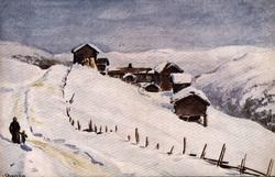 Postkort. Jule- og nyttårshilsen. Vintermotiv. En fjellgård 