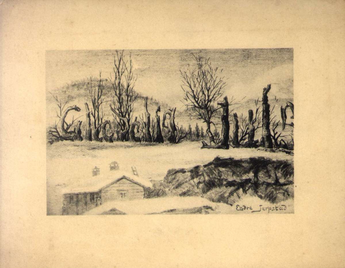 Julekort. Svart/hvitt. Vintermotiv. Landskap. Forvridde trestammer former "Glædelig Jul". Hus i forgrunnen.
Ant. dateres 1893-1897.