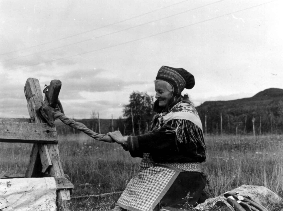 Susanna Kemi vrir det avhårete skinnet etter garvingen. Masi 1967.