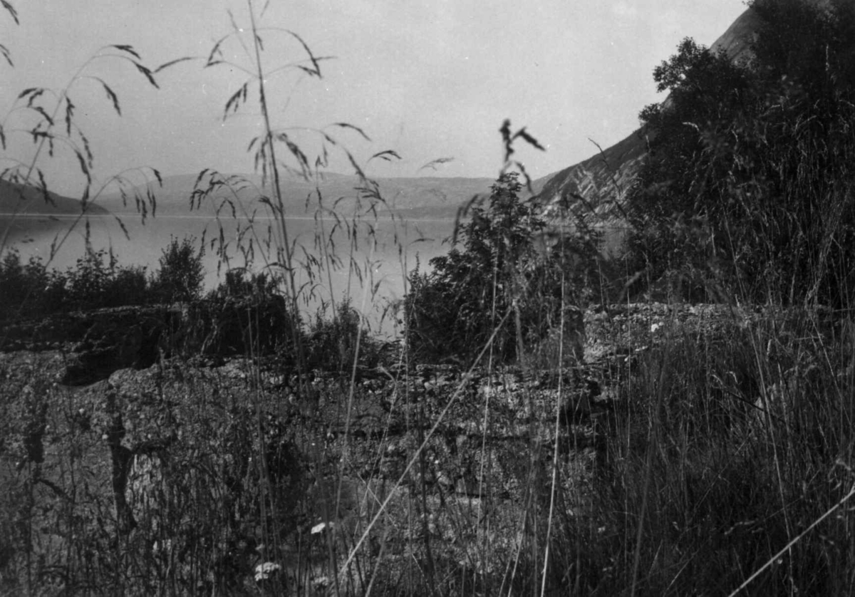 Laukneset (Basotis) med grunnmur av nedbreny hus, 1964.