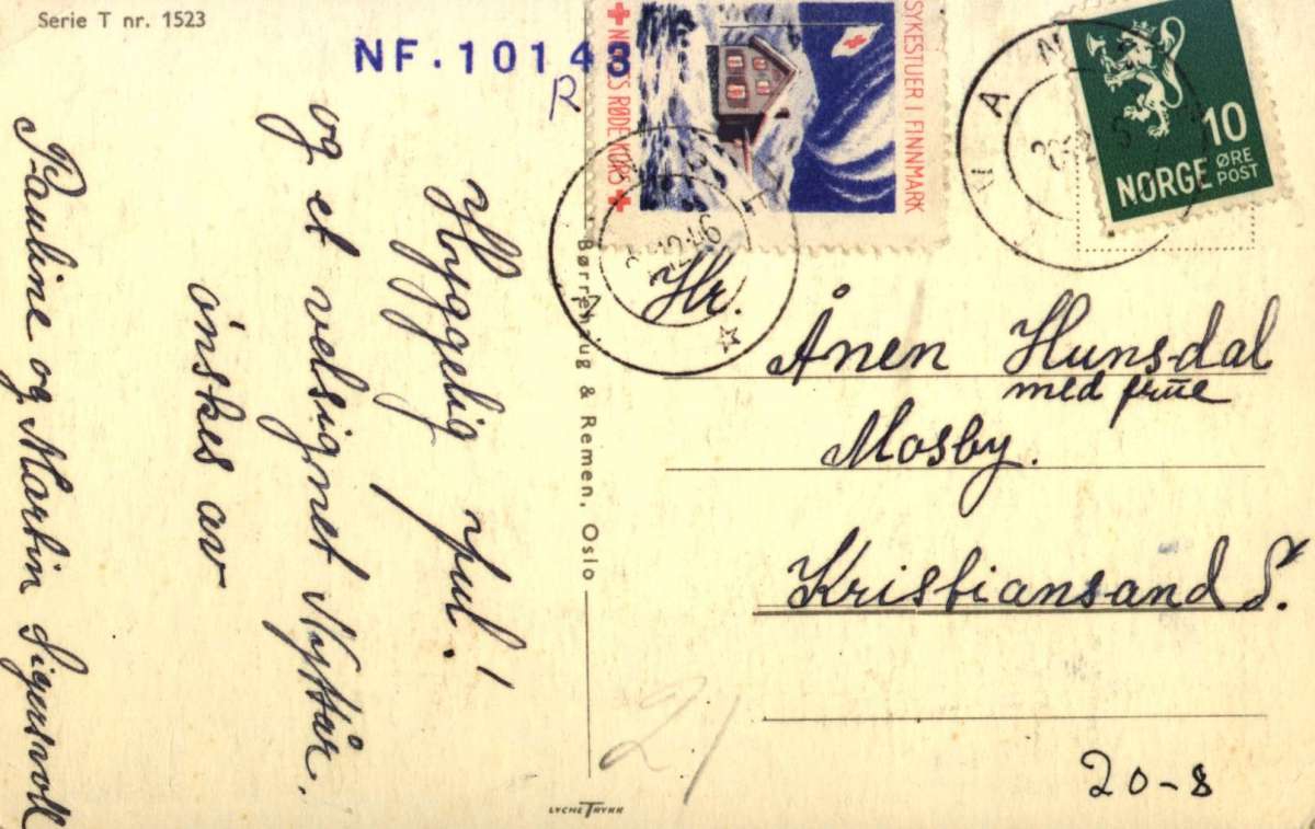Julekort. Jule- og nyttårshilsen. Vintermotiv. En fisker kommer i land med juletorsken. Kone og barn tar imot på brygga. llustrert av Thorsrud. Stemplet 20.12.1946.