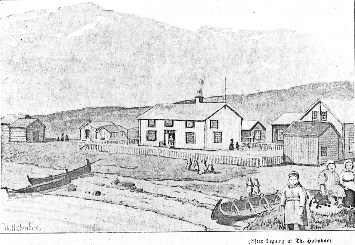 Kvænangens lappiske Barnehjem med båter og barn på stranden. Etter tegning av Th. Holmboe. Fra Folkebladet nr. 1 - 1894.