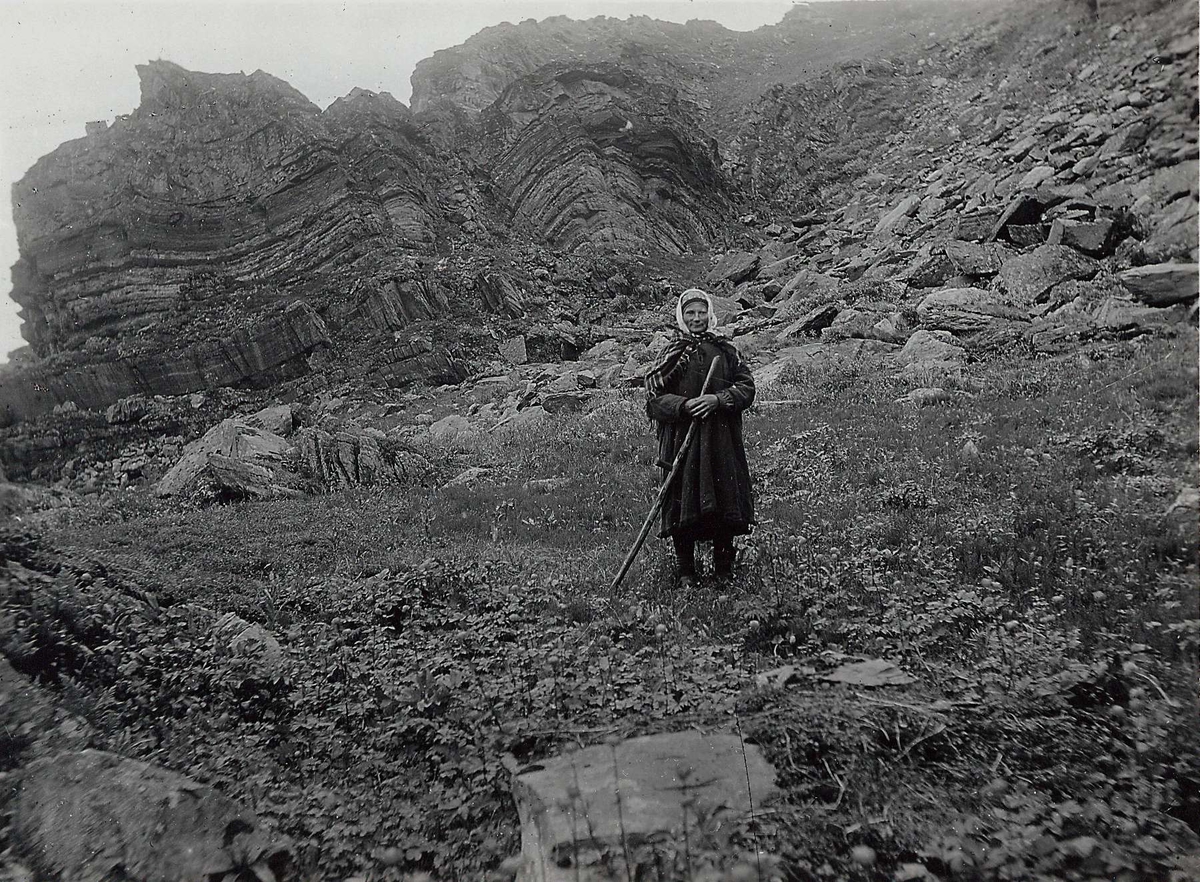 Antakelig Elen Olsen i samisk drakt, stående i fjellandskap i Båtsfjord, med ljå i hendene. 
Del av serie fra en forskningsreise i Øst-Finnmark 1909.