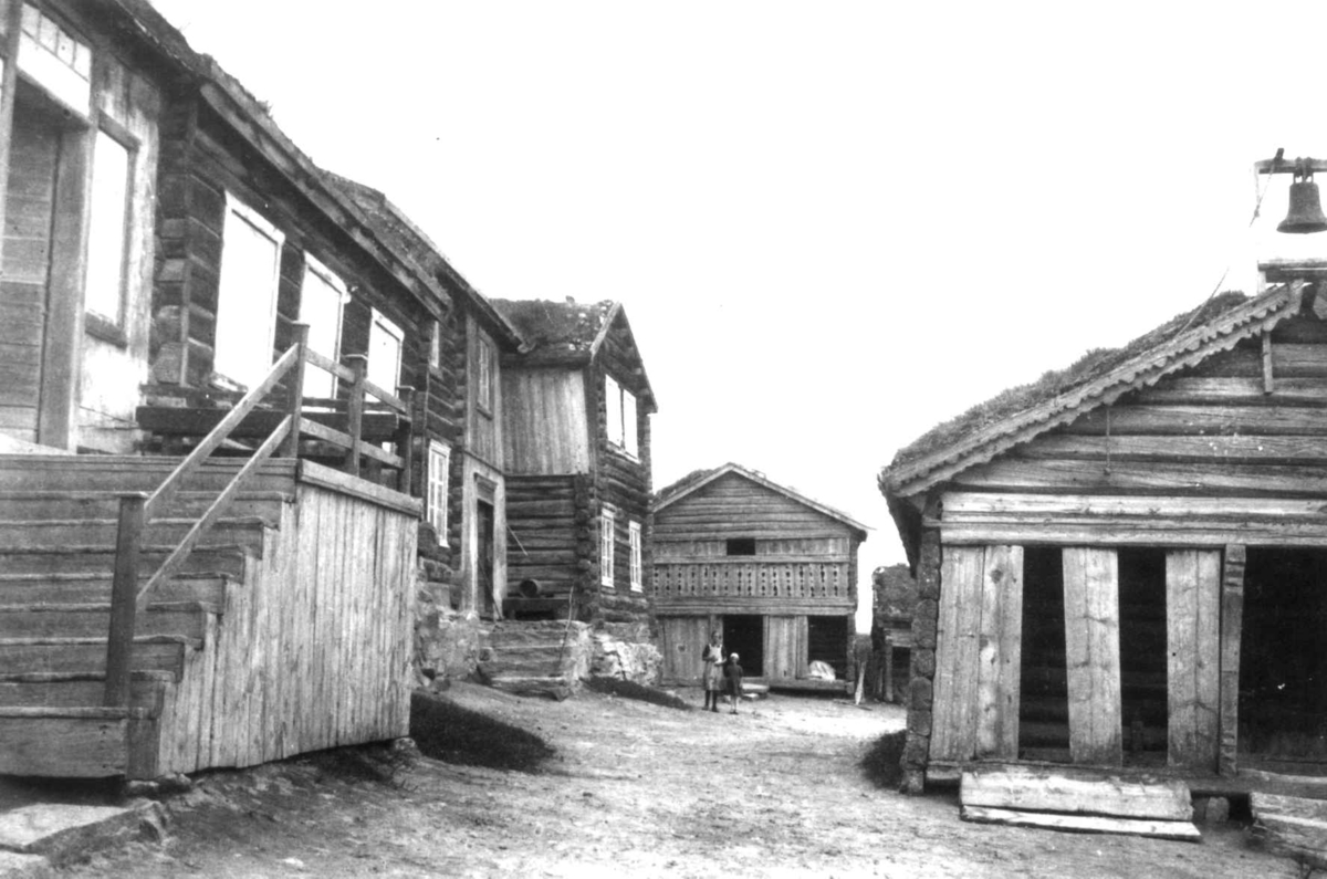 Antagelig Lesja, Oppland 1934. Gårdstun med tømmerhus og stabbur.