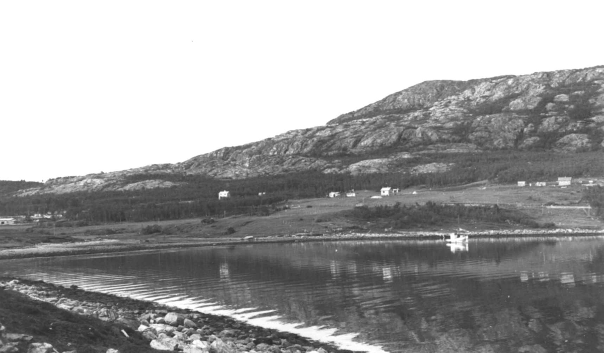 Oversiktsbilde fra Lyngen med begyggelse, en fiskebåt på vannet. Troms 1947.