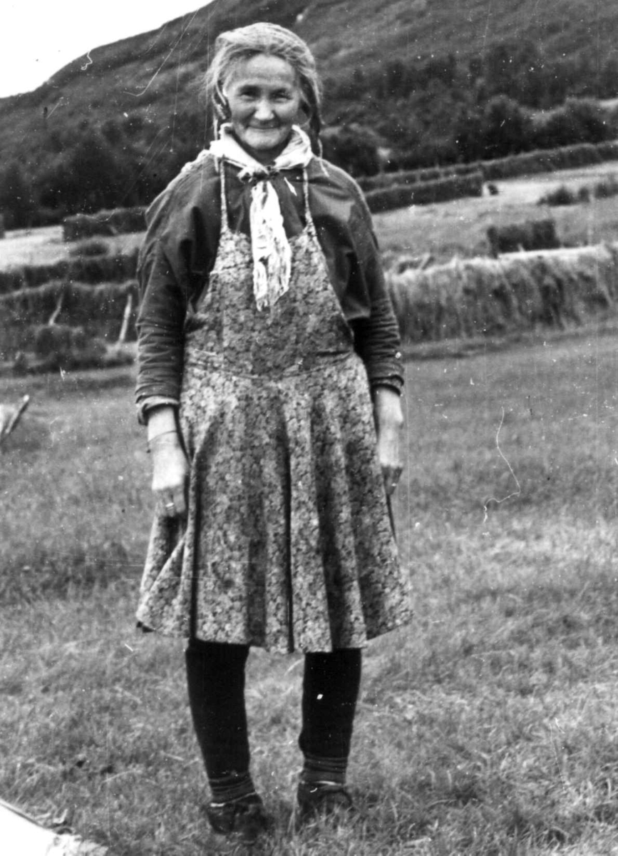 Portrett av en samekvinne, hesjer i bakgrunnen. Olderdalen, Kåfjord, Troms 1947.