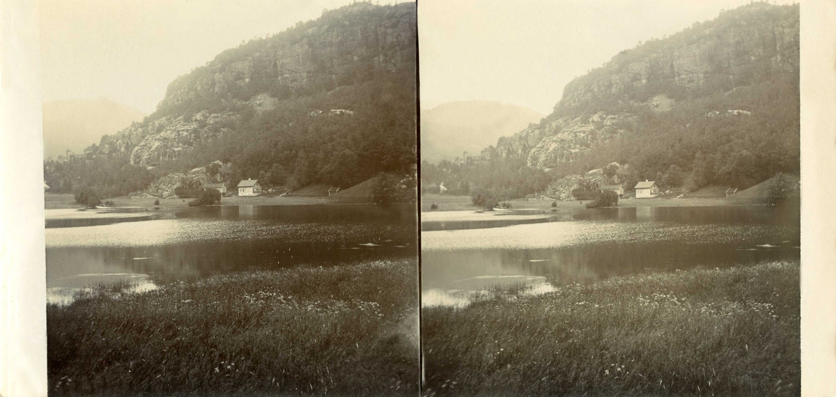 Stereoskopi. Bebyggelse ved Flekkefjord, Vest-Agder, juni 1907.
