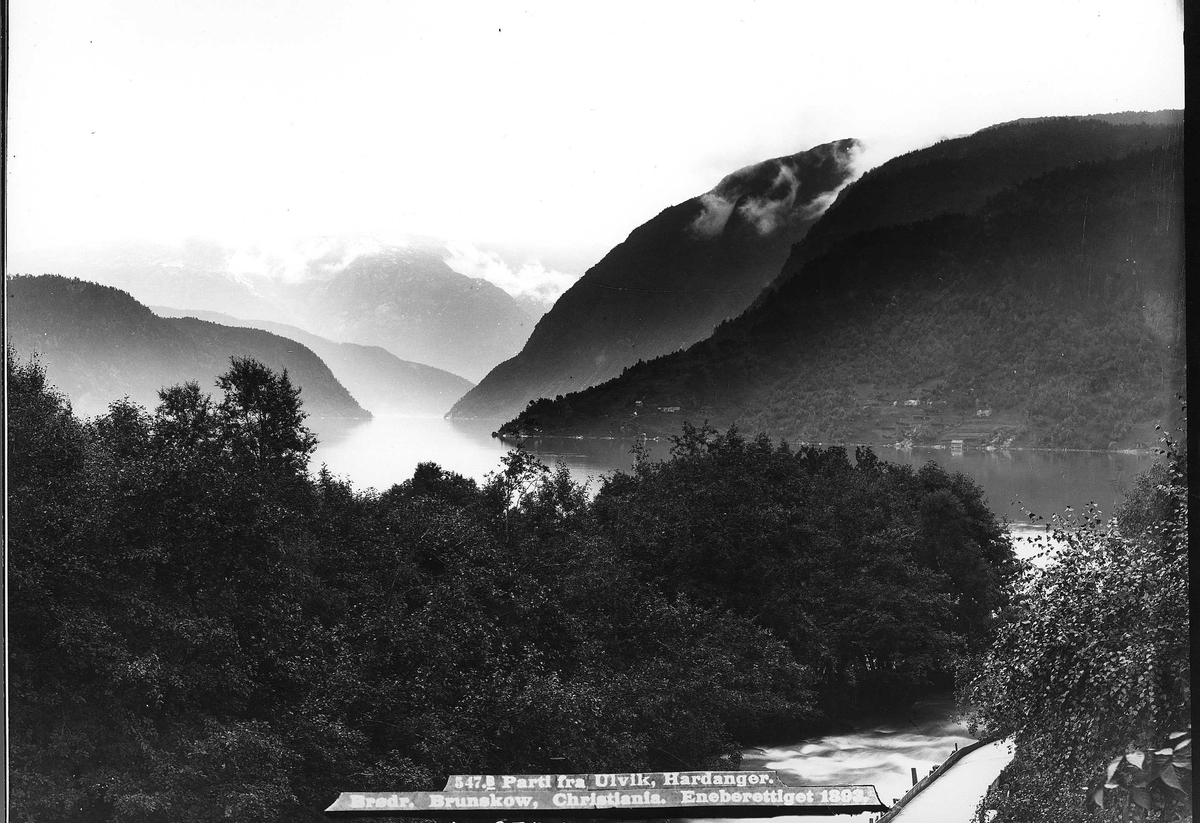 Landskap, Ulvik i Hardanger med utsyn over fjell og fjord. Del av Den Norske Turistforenings samling landskapsbilder, de fleste tatt av fotografene Brødrene Brunskow.