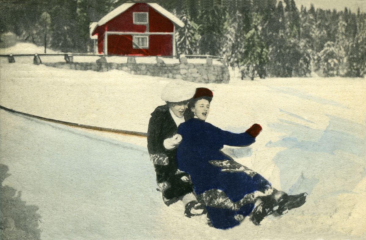 Postkort. Jule- og nyttårshilsen. Fargelagt fotografi. 
To kvinner på kjelke. I bakgrunnen rødmalt hus og skog. Stemplet 24.12.1906.