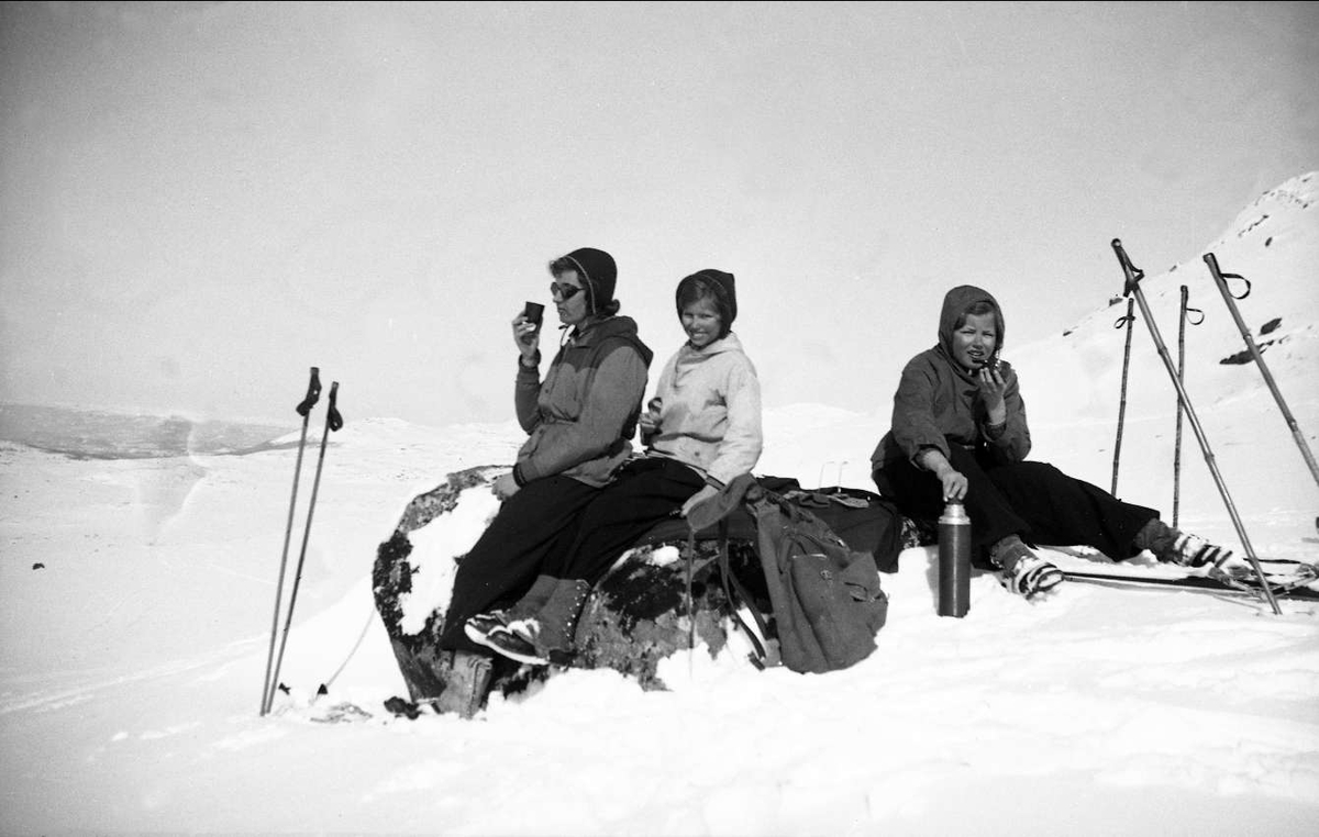 Vintermotiv.  Dordi Arentz på skitur med døtrene Guri og
Siri på fjellet i Eggedal 1942. Her har de en matpause.