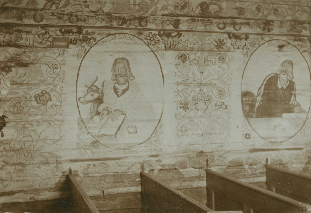 Veggmaleri på skipet nordvegg, ant malt 1699, Lyngdal kirke, Numedal, Flesberg, Buskerud. Ant. fotografert 1907.