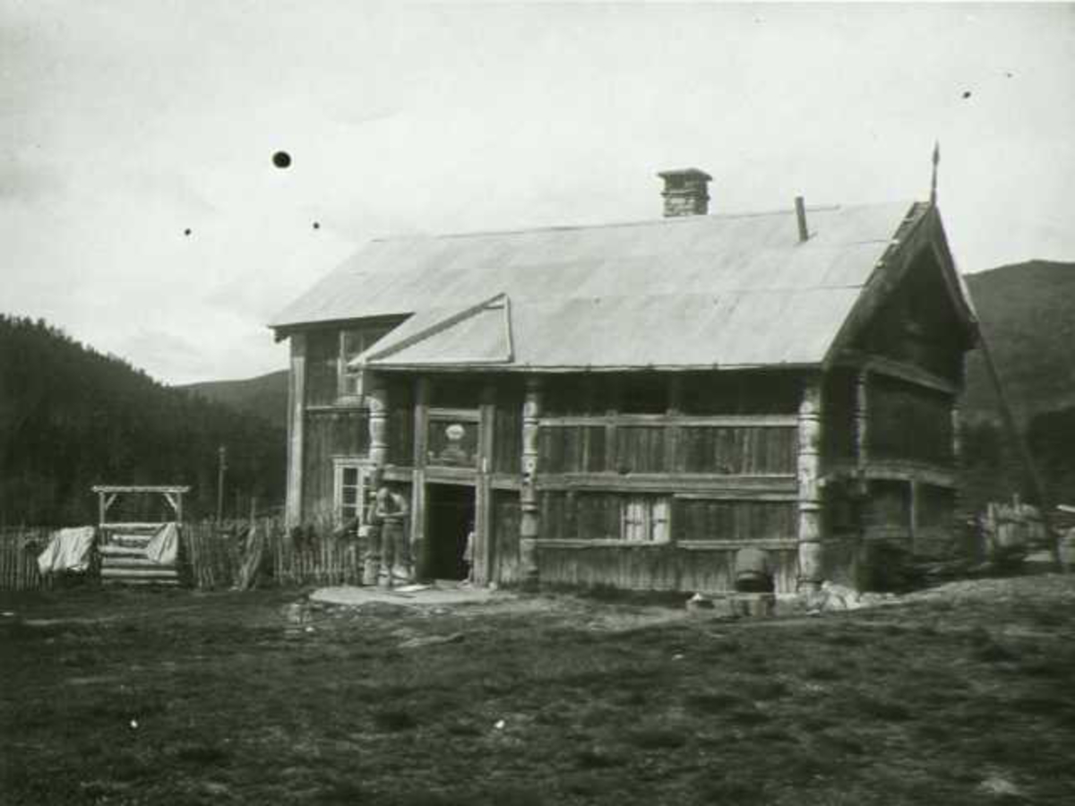 Våningshus, Flåta, N. Uvdal, Nore og Uvdal, Buskerud. Mann står foran døren.