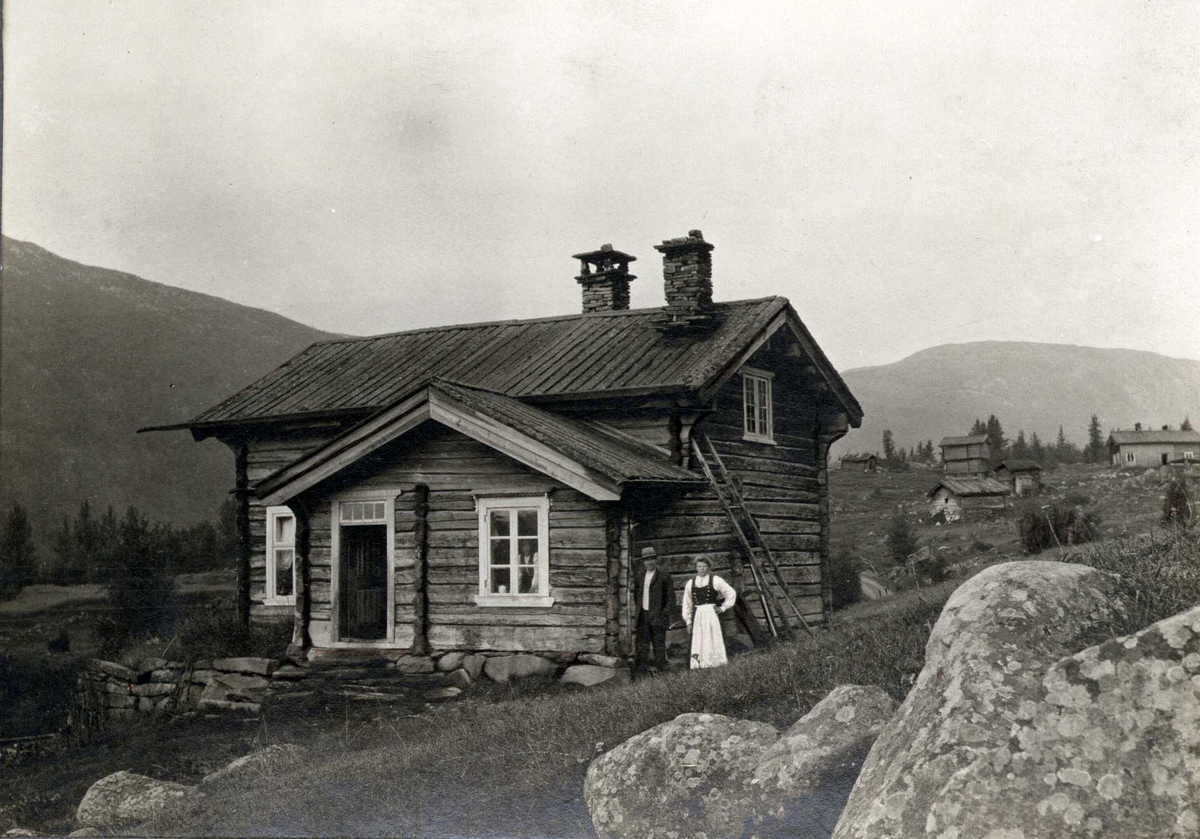 Stue fra ca. 1850, Mårdalen, Tinn, Telemark. Kvinne og mann foran huset. Fotografert 1912.