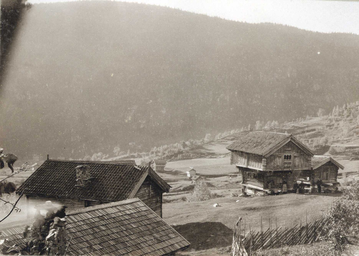 Gårdstun, Åbø, Hjartdal, Telemark. Fotografert 1909. Gruppe mennesker stående foran stabburet.