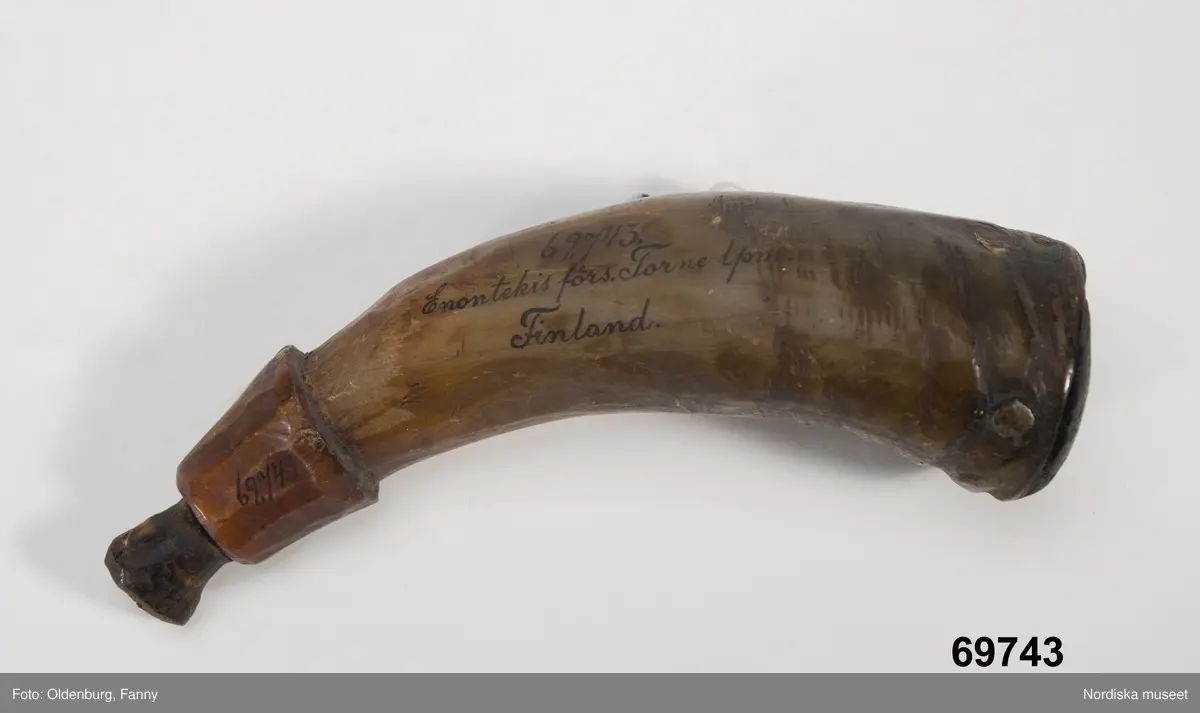 Huvudliggaren:
"Tjärnhorn fr. Enontekis kapellförs., Torne lappmark, Finland. Ink. af jägmästaren Hugo Samzelius. 1891. Bil. Samzelius 445."