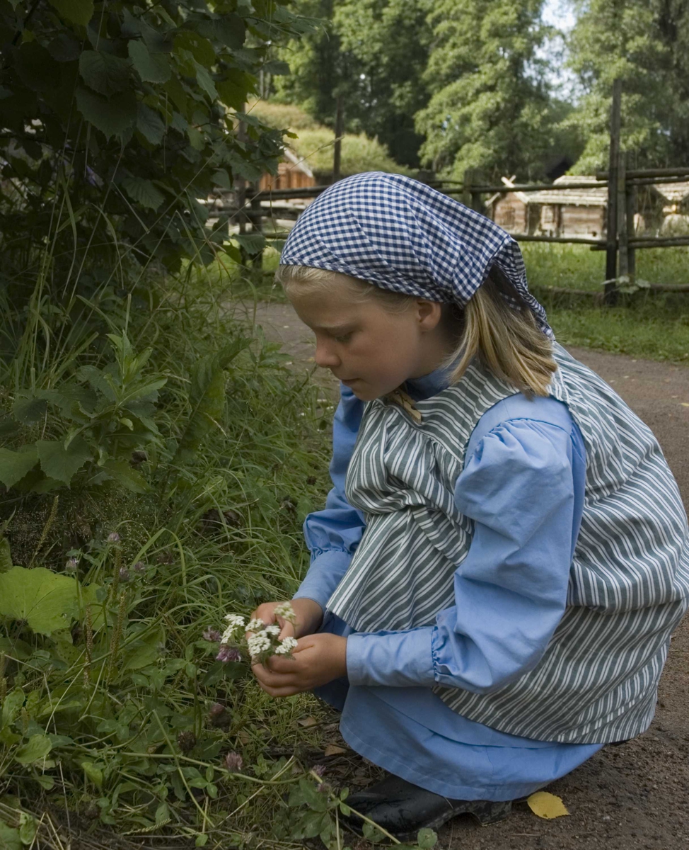 Levendegjøring på museum.
Ferieskolen uke 31 i 2006. En av elevene plukker blomster.
Norsk Folkemuseum, Bygdøy.