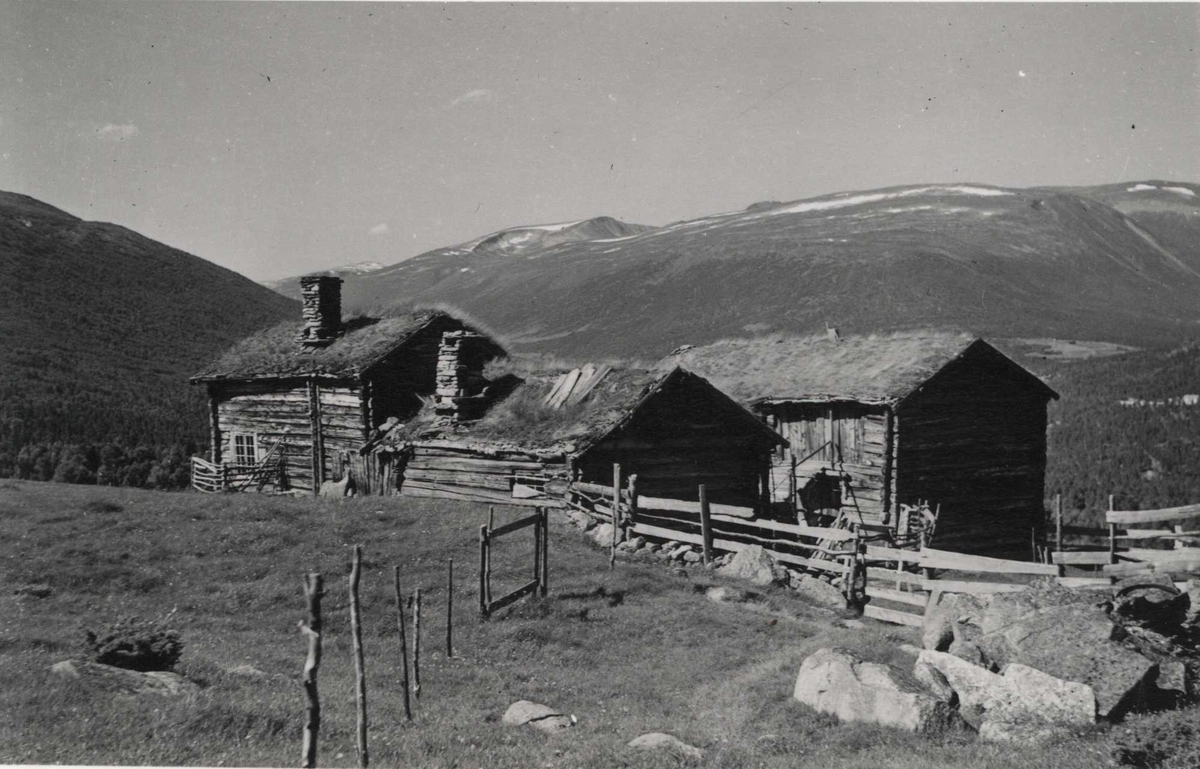 Landskap med gårdstun, Blokkhusmarken, Lønset, Oppdal, Sør-Trøndelag. Fotografert 1939.