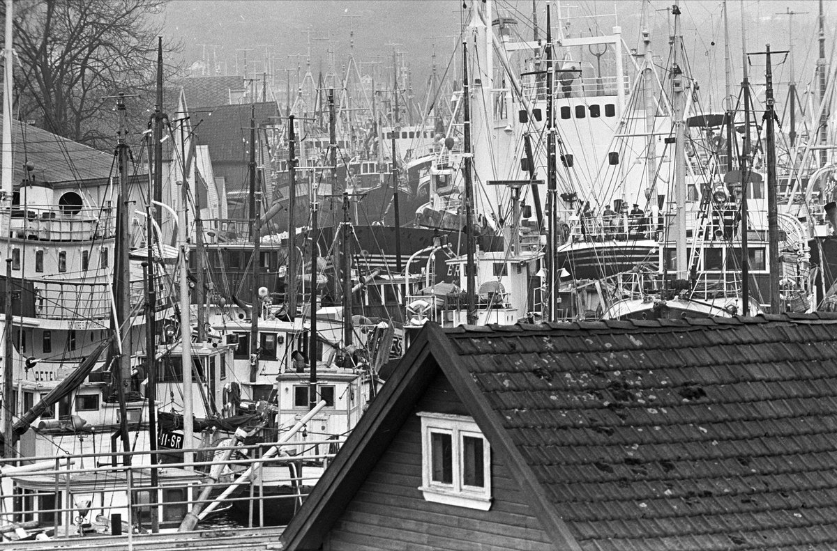 Serie. Fiskebåter ligger til kai, Egersund, Rogaland. Fotografert nov. 1965.