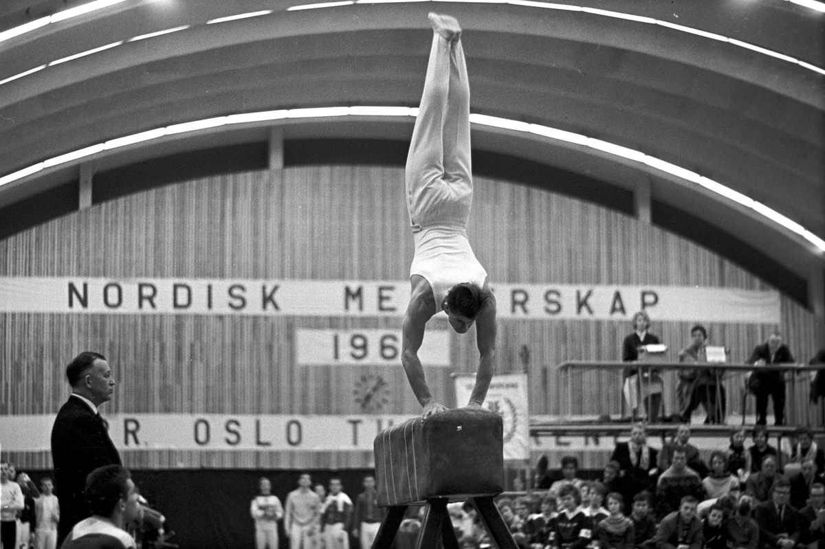 Serie. Nordisk Mesterskap i turn for herrer i Njårdhallen i Oslo, herrer i bøylehest og svingstang. Fotografert desember 1961.