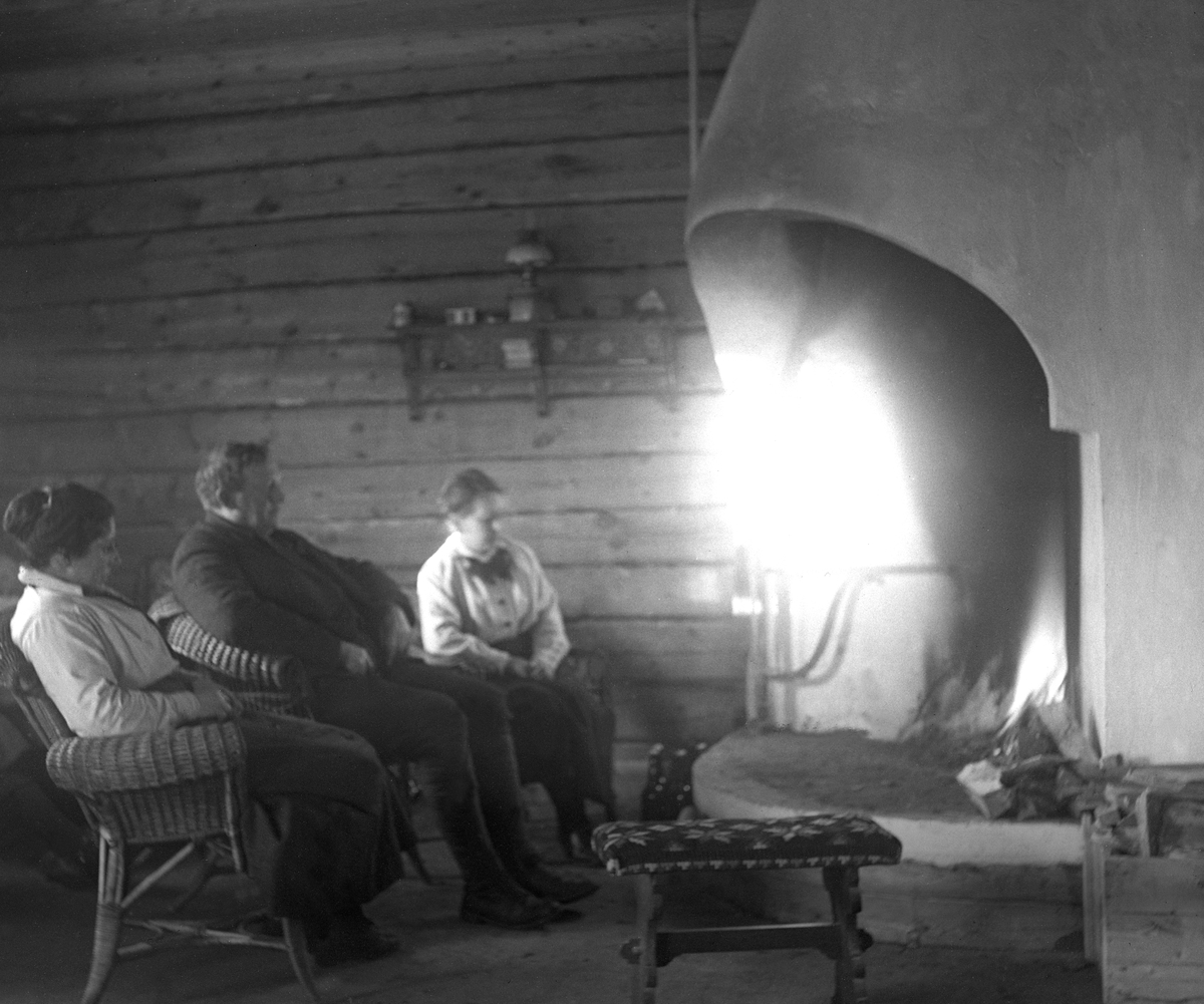 To kvinner og en mann foran peisen i Fagerstua. Fotografert julen 1920.