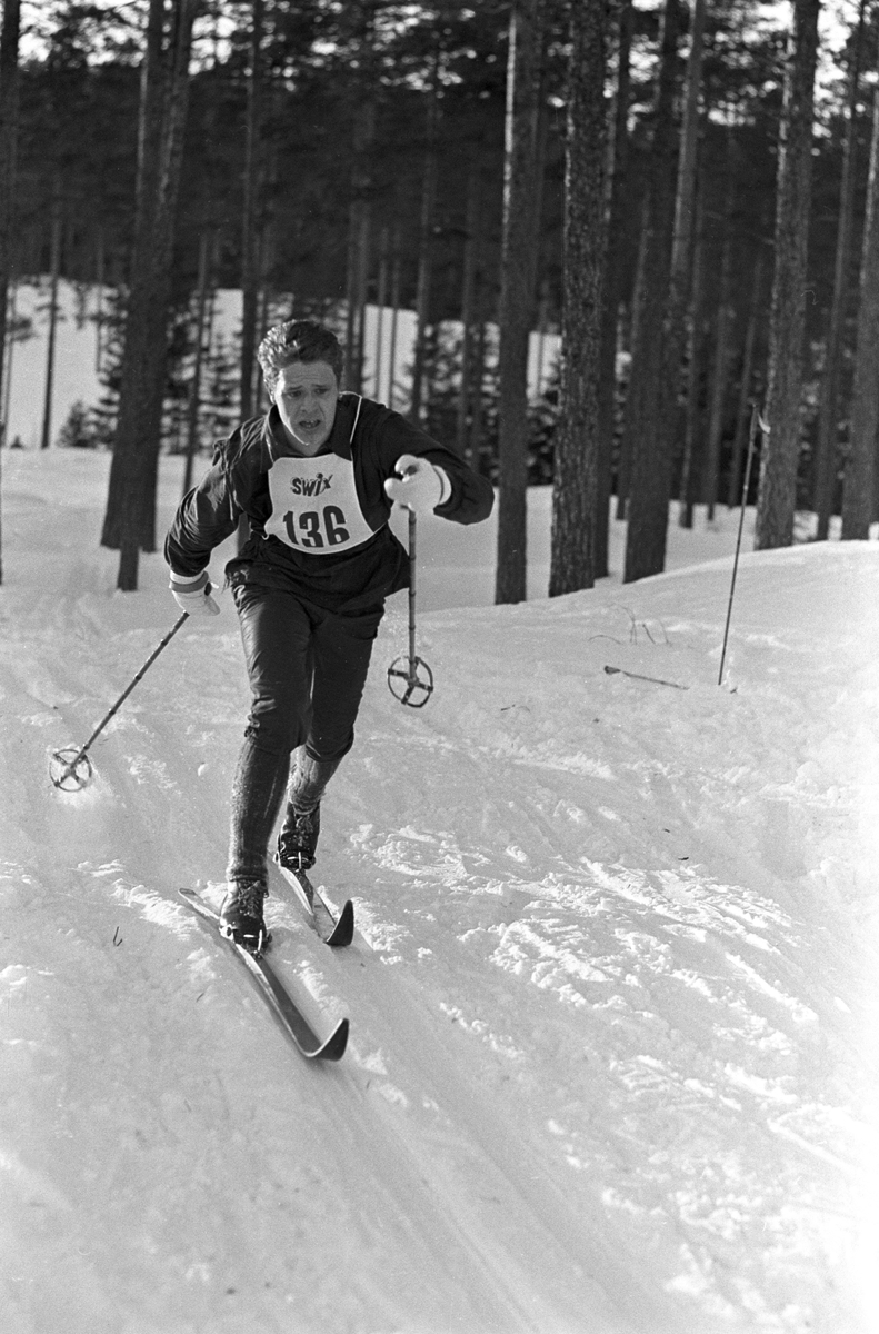 Skiløper med startnummer 136 i sporet under NM i langrenn for juniorer på Eidsvoll 1963.