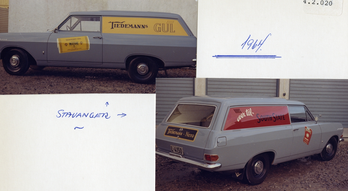 Fotomontasje, varebiler med reklame for Tiedemanns Gul og South State sigaretter.