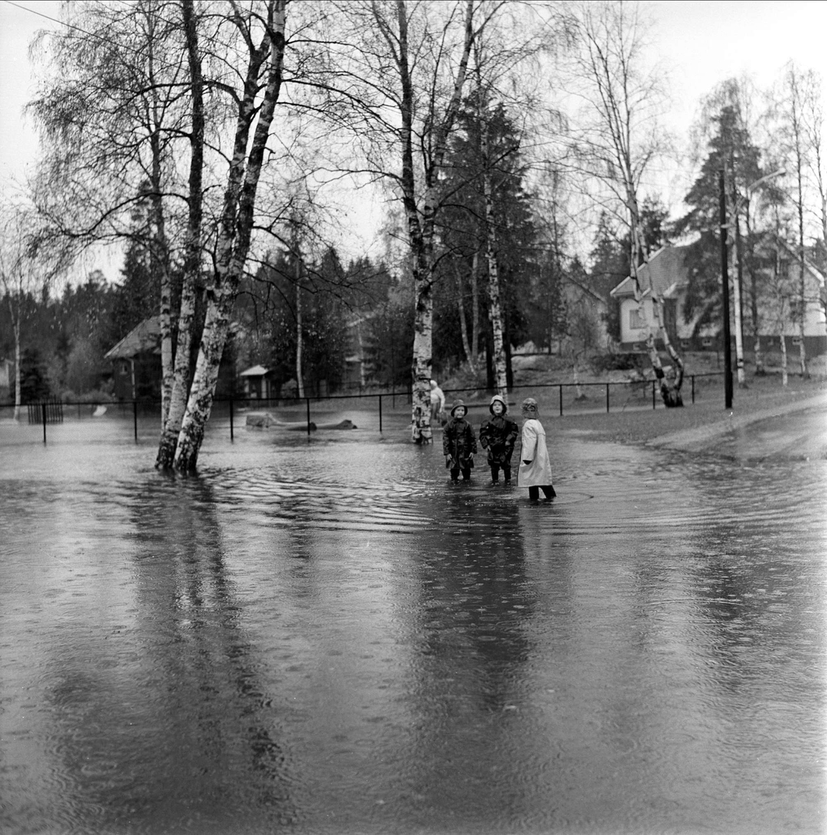 Flom på Høybråten, mennesker vasser. Oslo 14.10.1964.