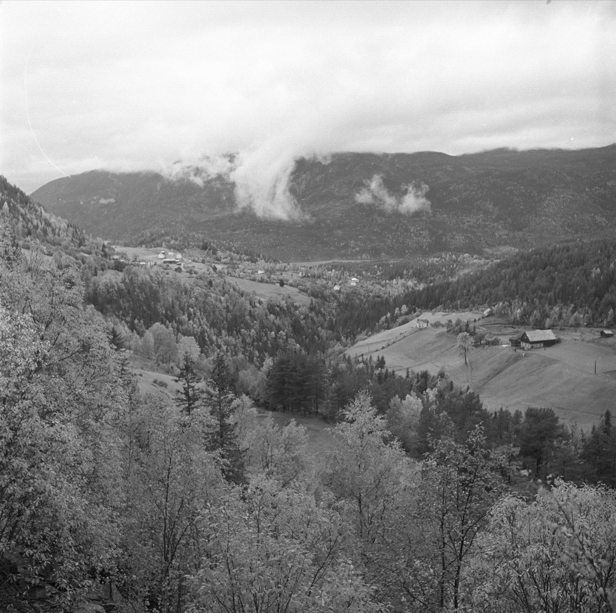 Hovin, Telemark, 1956. Den poststreikende Fossobygda. Landskap med gård.