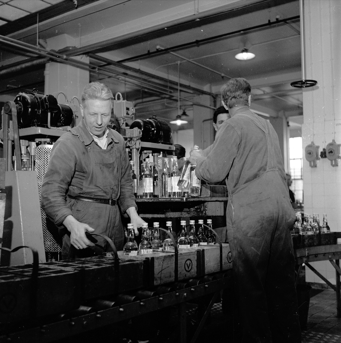 Hasle, Oslo, februar 1958. Vinmonopolet. Arbeidere og kasser på samlebåndet.