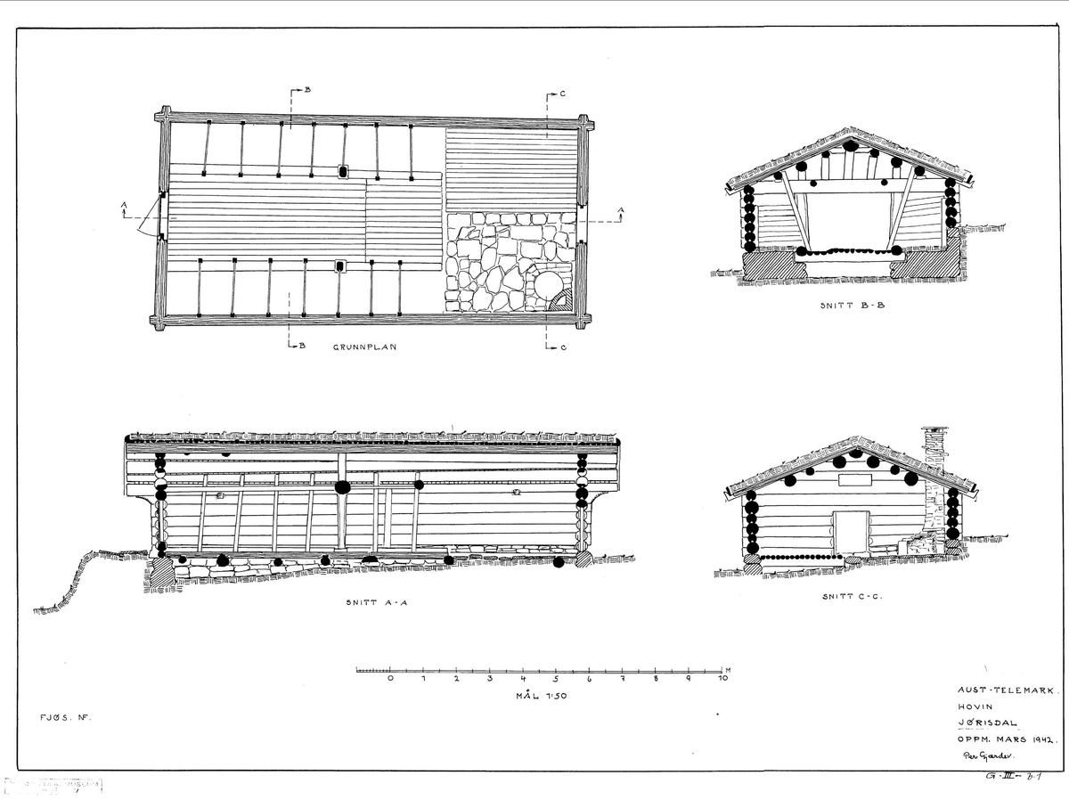 FJØS FRA JØRISDAL I TINN, 1600-TALLET 
Overført til museet 1942, gjenoppført 1942 

Fjøset er bygget av 15 meter lange stokker i langveggene, og det er sjeldent å se så lange vegger uten skjøter. Fjøset er fra tida før det ble vanlig med møkkakjeller. Gjødselen ble måkt ut gjennom gavlveggen og vekk fra tunet. Forrest var det båser for kyrne, og innerst var det mindre båser for kalver, sauer og geiter. Kyrne stod bundet til veggen med klave rundt hodet. I senere tid har fjøset hatt peis i hjørnet for å varme vann og fôr til dyra. 

(Tekst hentet fra By og bygd 43, 2010)