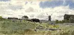 Akvarell av A T Gellerstedt. Sommarlandskap med byggnader och kvarn. 