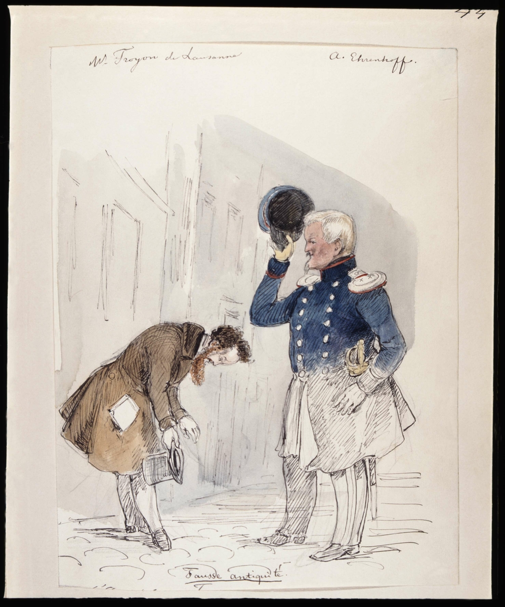 "W. Troyon de Lausanne. A. Ehrenhoff. Fause Antiquité". En man bugar djupt för en annan  man i uniform. Av Fritz von Dardel