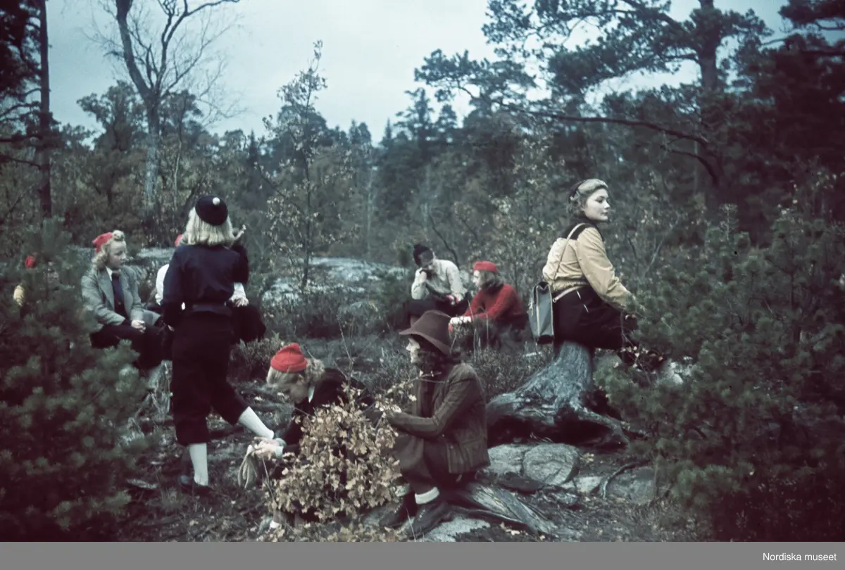 En grupp friluftsklädda människor tar en rast i skogen.