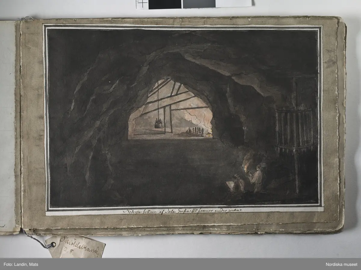 Album med titeln "Resan till Dalarna 1794". Akvareller utförda av greve Anders Fredrik Skjöldebrand (1757-1834) Falu koppargruva