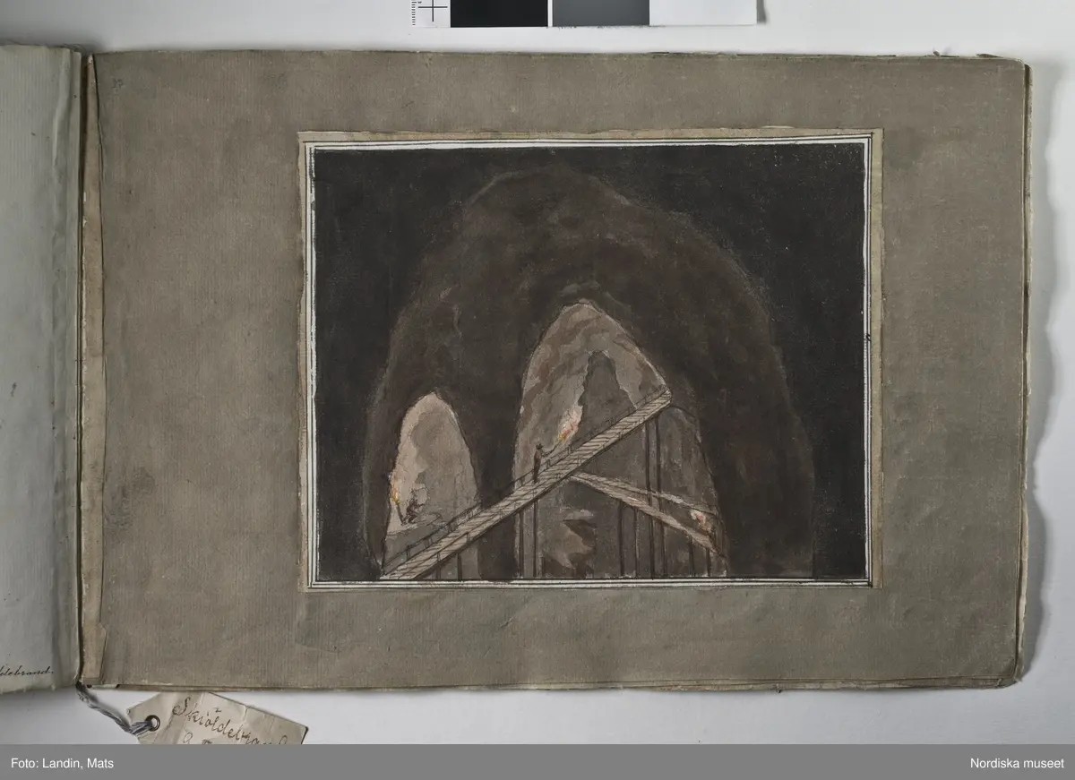 Album med titeln "Resan till Dalarna 1794". Akvareller utförda av greve Anders Fredrik Skjöldebrand (1757-1834) Falu koppargruva