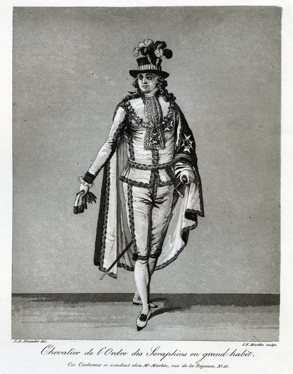 "Chevalier de l'Ordre des Seraphins en grand habit." Stora Serafimerdräkten. Akvatint av J F Martin efter teckning av J A Aleander, trol. 1780-tal.