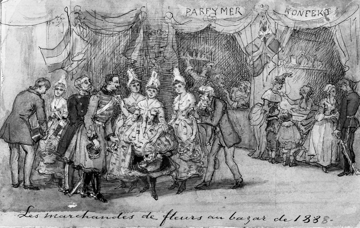 Reprofotografi av akvarellerad teckning ur skissbok av Fritz von Dardel  (1817-1901). Bazaren till förmån för Nordiska museet 1888. 
I mittgruppen från v. till h. : (1) okänd, (2) okänd, (3) Nordenfalk, (4) ryttmästare Boltenstern, (5) okänd, (6) frkn Amelie von Dardel, (7) friherinnan Clara Fleetwood?, (8) Soto Maior.