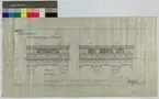 Ritning på väv över Nordiska museets huvudbyggnad. Träbalustrad andra galleriet. Elevation. Balustrad, 2:a galleriet. 29x 57cm. Tusch och rött. Linjalritning. I Gust Clason 11/2 1897. A W Fagerström.