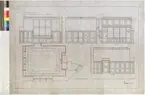 Ritning på väv över Nordiska museets huvudbyggnad. Ritning till östra kanslirummet 1 tr upp med hiss. (Detalj No 122). Plan, Sektion. Kansliet 1 tr upp, panel. 64x92 cm. Tusch, rött, gult och grått. Linjalritning. I Gust Clason 27 Oktober 1900. C Bergsten och A V Fagerström.