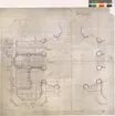 Ritning på väv över Nordiska museets huvudbyggnad. Plan av vestibulen. Plan. Vestibulen. 94x100 cm. Tusch med rött, brunt och grått. Linjalritning. I Gust Clason 7 januari 1901. Fredrik Falkenberg.