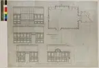 Ritning på väv över Nordiska museets huvudbyggnad. Kansliflygeln.
Inredning av rummet 1 tr upp. Plan av entrésolen. Plan, Sektion. Kansliet 1:a tr, Kanslibyggnaden. 89x65,5 cm. Tusch, rött, gult. Linjalritning. Osignerad.