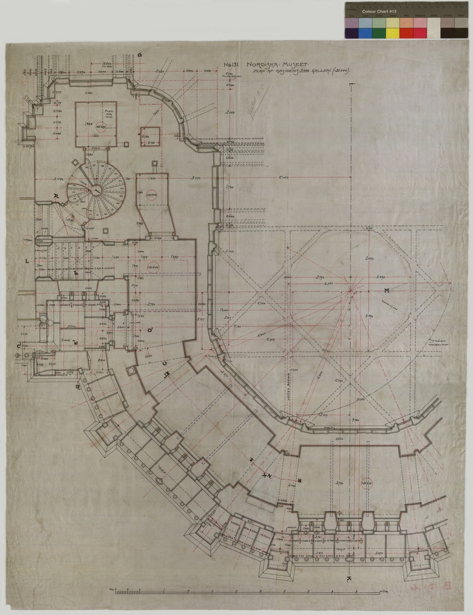 Ritning på väv över Nordiska museets huvudbyggnad. Plan av absidens andra galleri. Plan. Absiden, 2:a galleriet. 95x76,5 cm. Tusch, rött, blått, brunt, gult och grått. Linjalritning. Osignerad.





