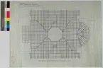 Ritning på väv över Nordiska museets huvudbyggnad. Taklagsplan
för mittenpartiet. Murliv under stora listen. Murliv över stora listen. Plan. Taklag, mittenpartiet. 45x62 cm. Tusch. Linjalritning. Osignerad.