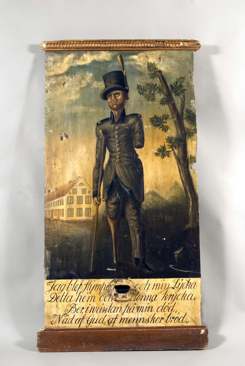 Målning på trä, en skadad soldat i grå uniform med guldknappar och hatt m/1798, svart med vit plym och röd knapp, från finska kriget 1808-09