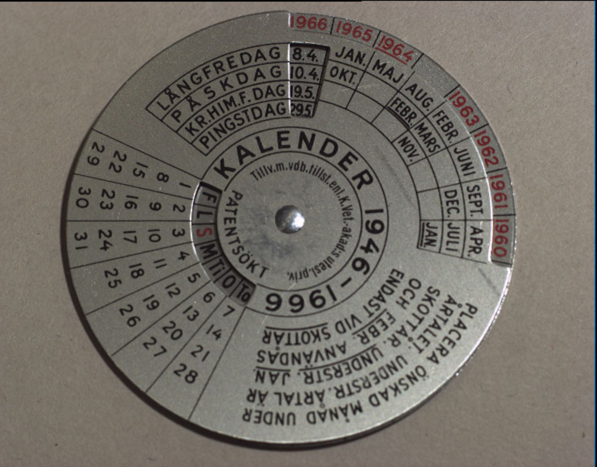 Kalender för tiden 1946 - 1966. Rund dubbel skiva av aluminium, den övre skivan rörlig, med text i svart : Kalender 1946-1966 och bruksanvisning samt dagar och månader, anger även datum för långfredag, påskdag, Kr Him.f.dag och pingstdag. Årtal i rött på den undre skivan.